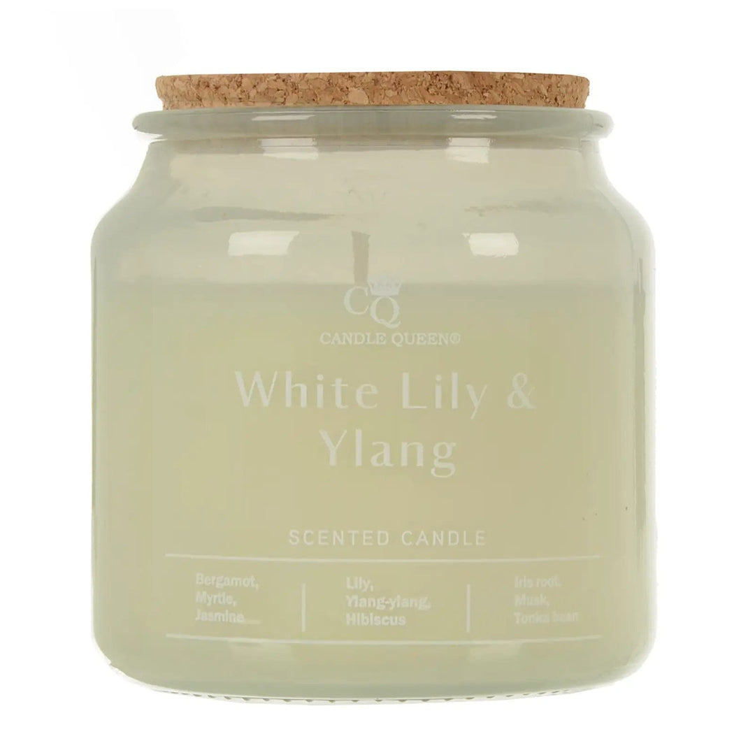 White Lily & Ylang scented candle in a glass jar with cork lid