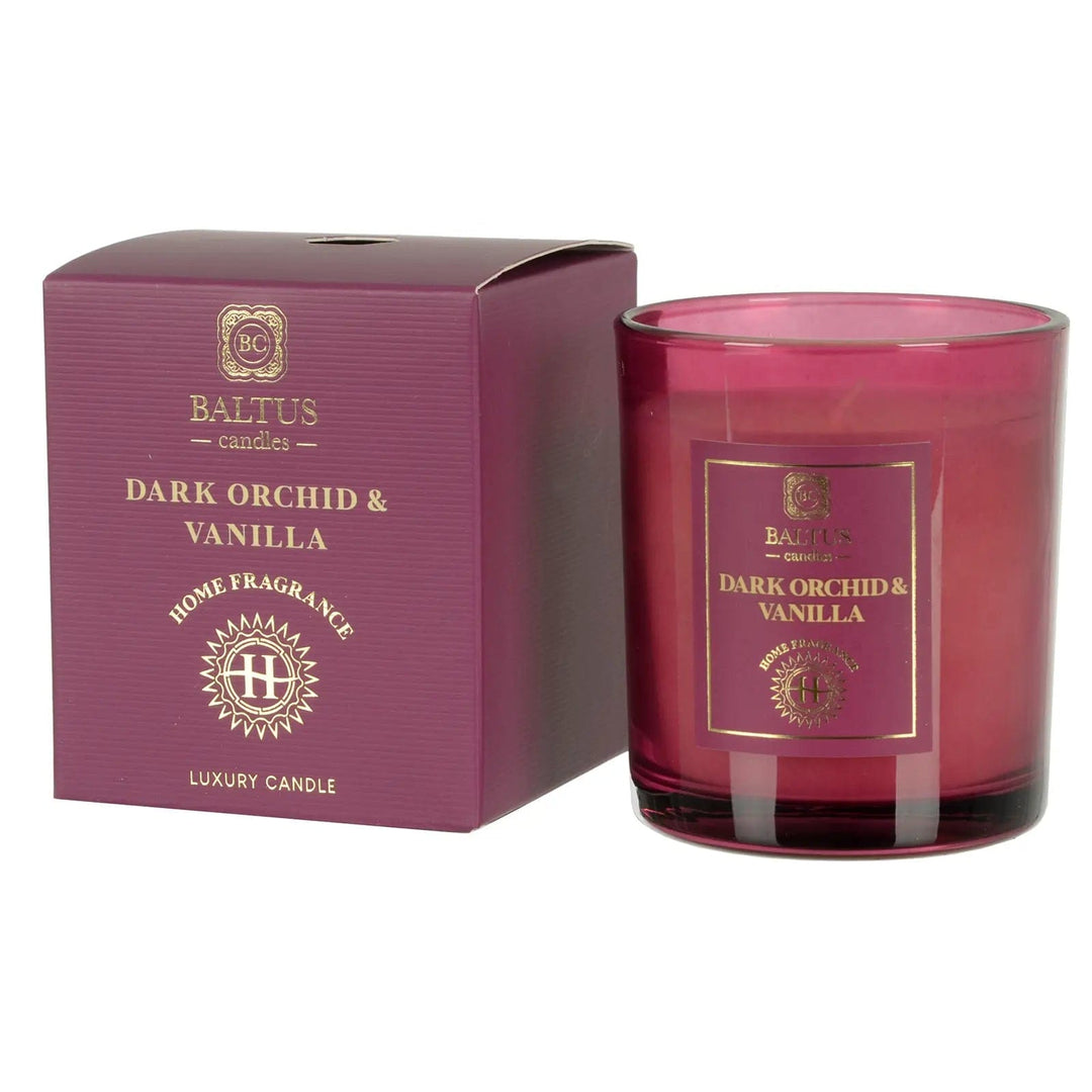 Dark Orchid & Vanilla scented candle in a glass jar with gift box packaging