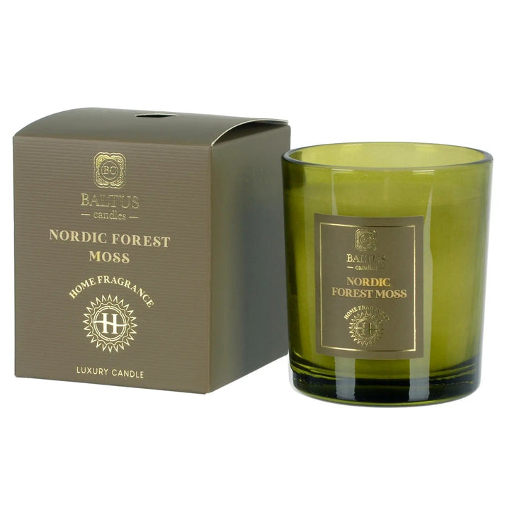 Nordic Forest Moss scented candle in a green glass jar with gift box packaging