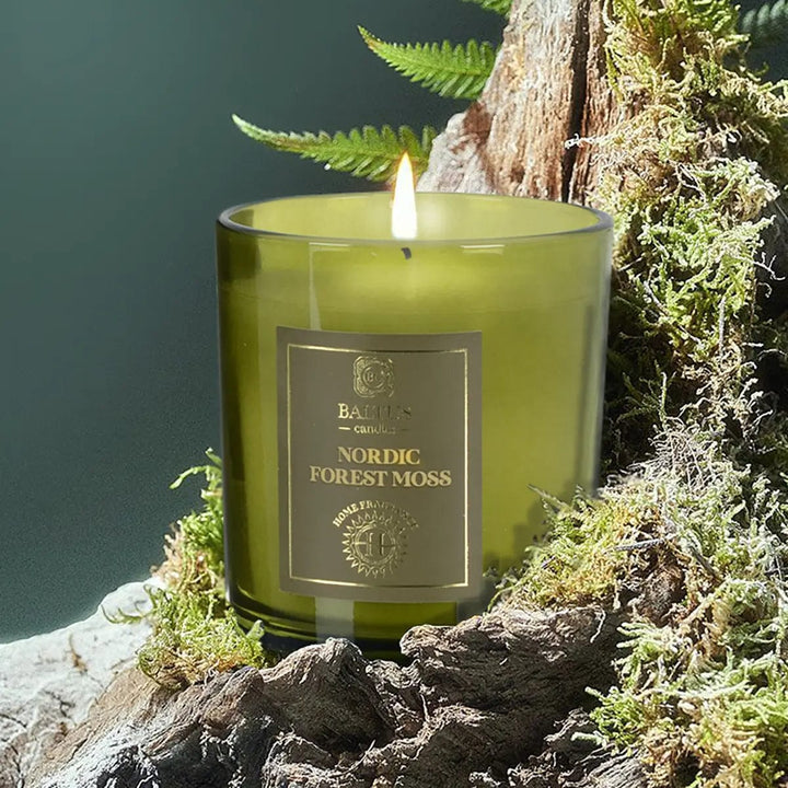 Nordic Forest Moss lit candle on driftwood and green ferns