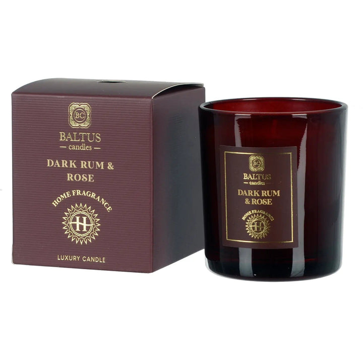 Dark Rum & Rose scented candle in a deep purple glass jar with gift box packaging