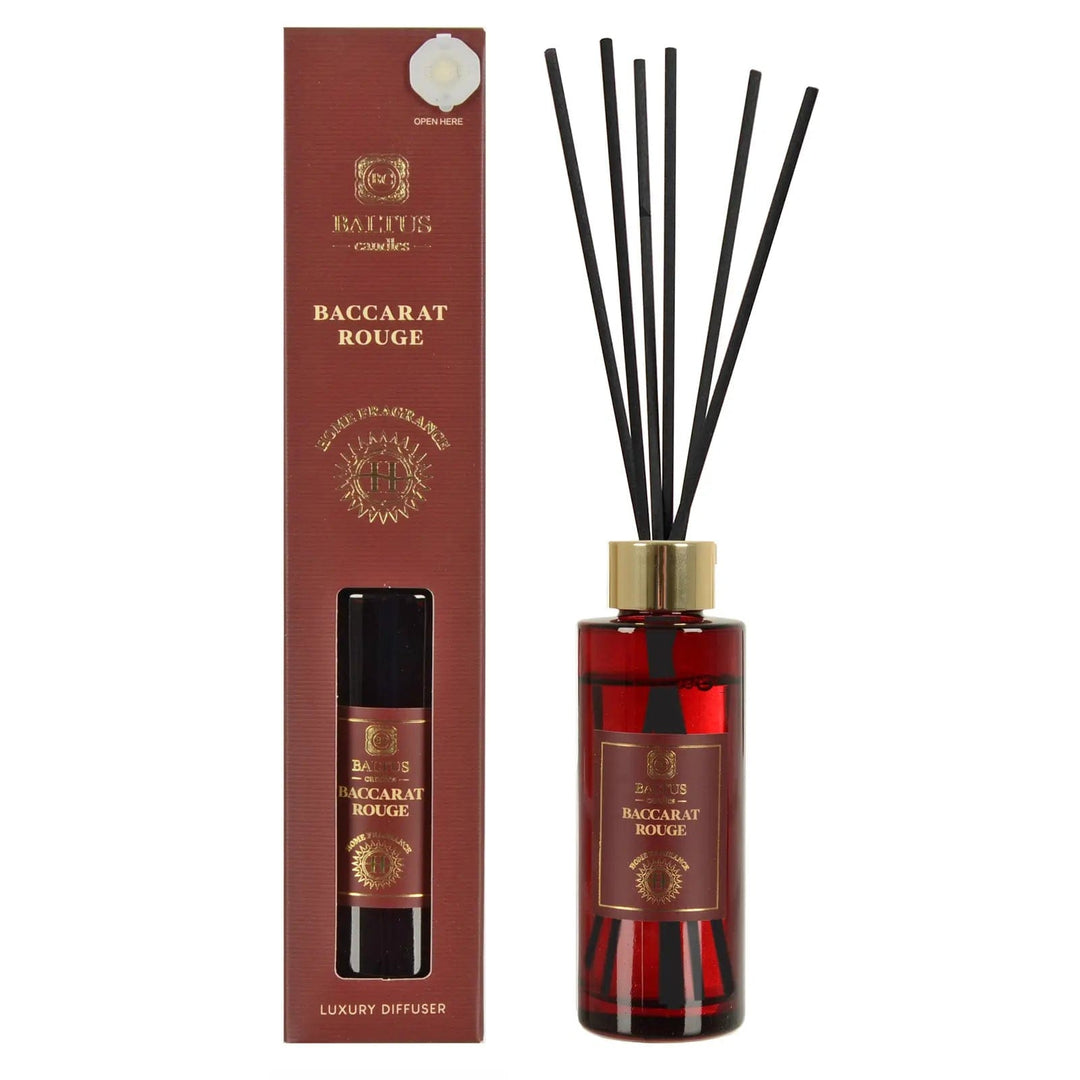 Baccarat Rouge scented luxury diffuser with black reeds and coloured glass bottle