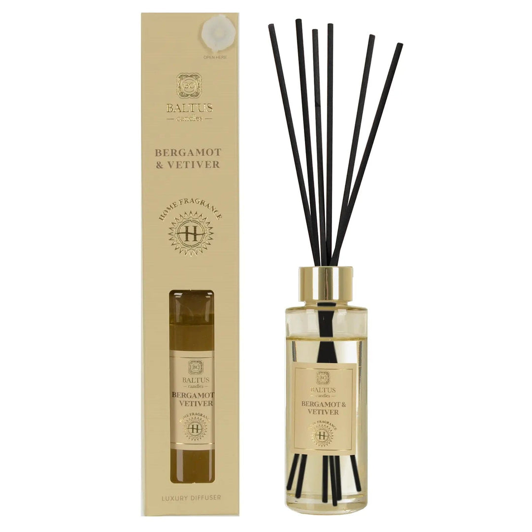 Bergamot & Vetiver scented luxury diffuser with black reeds and coloured glass bottle