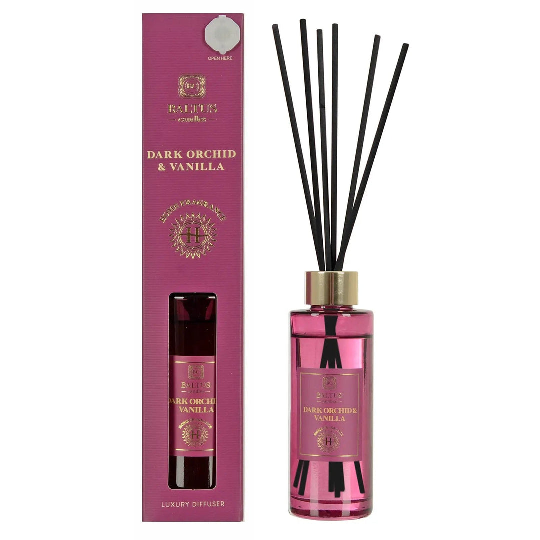 Dark Orchid & Vanilla scented luxury diffuser with black reeds and coloured glass bottle