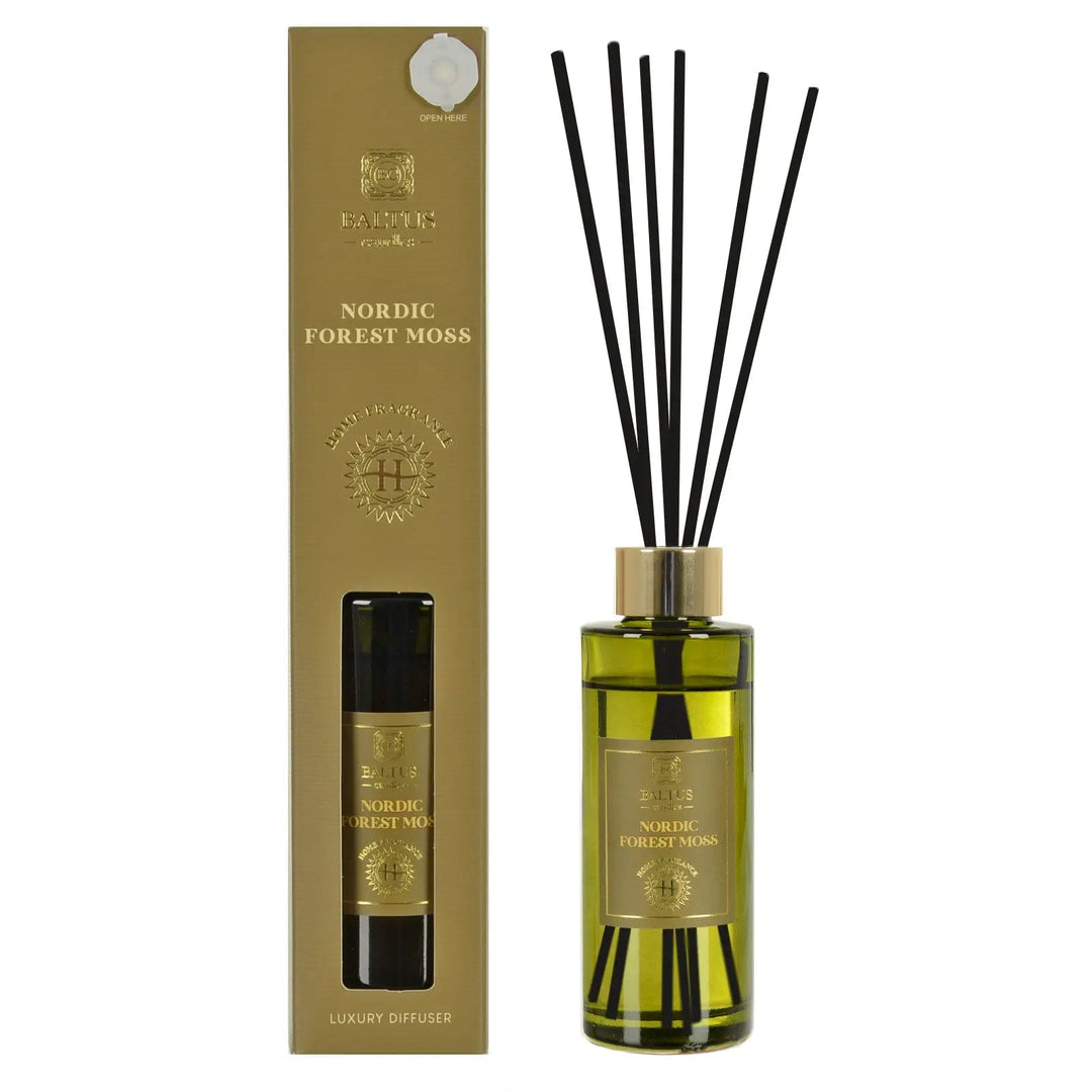 Nordic Forest Moss scented luxury diffuser with black reeds and green coloured glass bottle