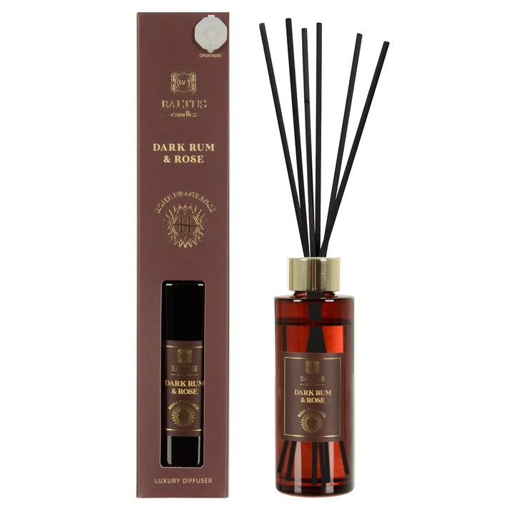 Dark Rum & Rose scented luxury diffuser with black reeds and red coloured glass bottle