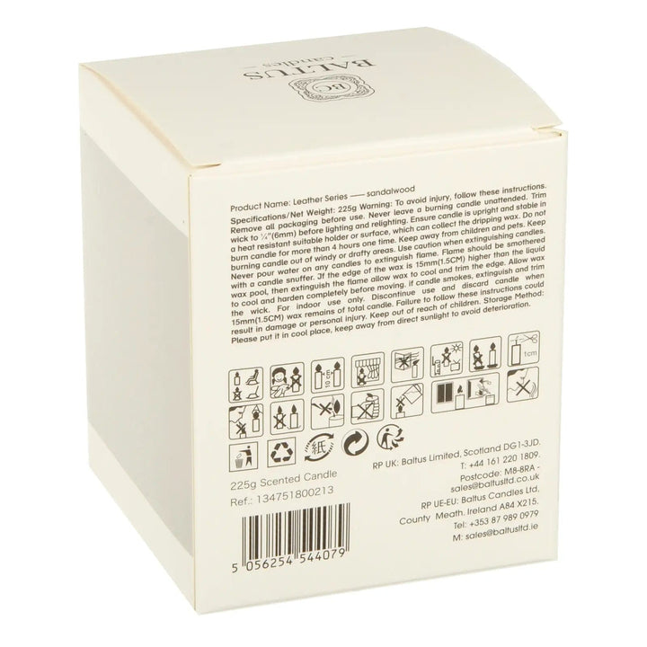 Back of the gift box of a Sandalwood scented luxury Candle with information