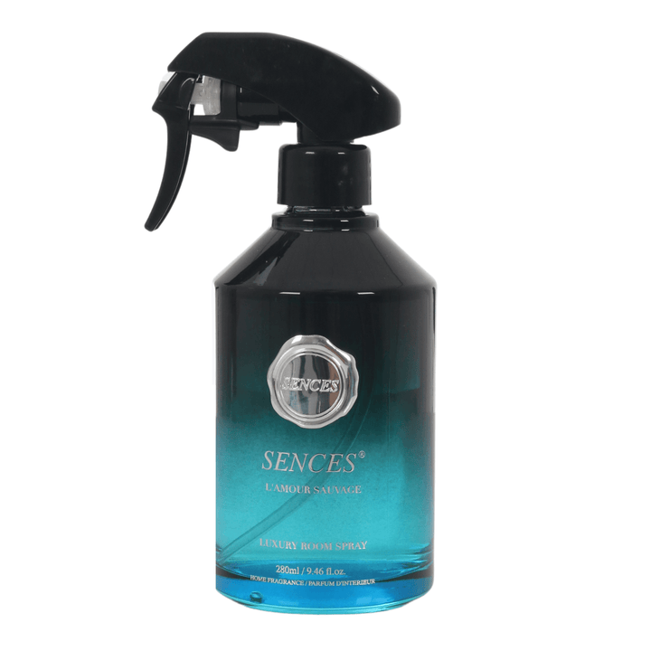 L'Amour Saubage scented room spray in black and blue glass bottle with silver brand and product details