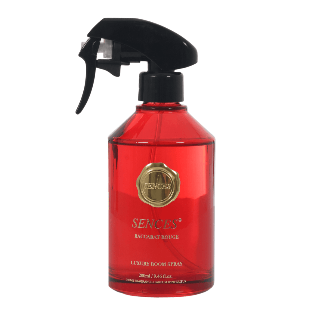 baccarat rouge scented room spray in red glass bottle with gold brand and product details