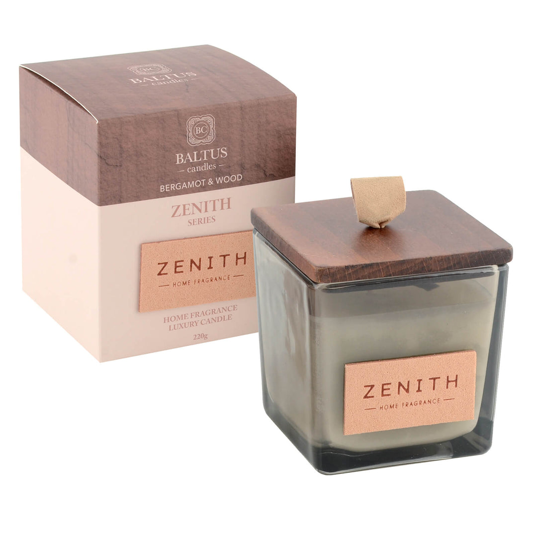 Baltus Zenith candle with wooden lid and packaging on a white background