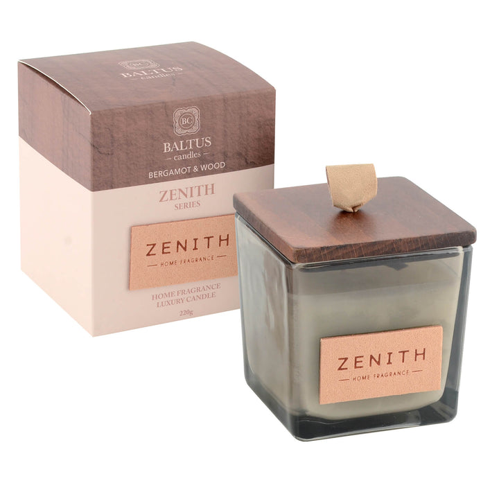 Baltus Zenith candle with wooden lid and packaging on a white background
