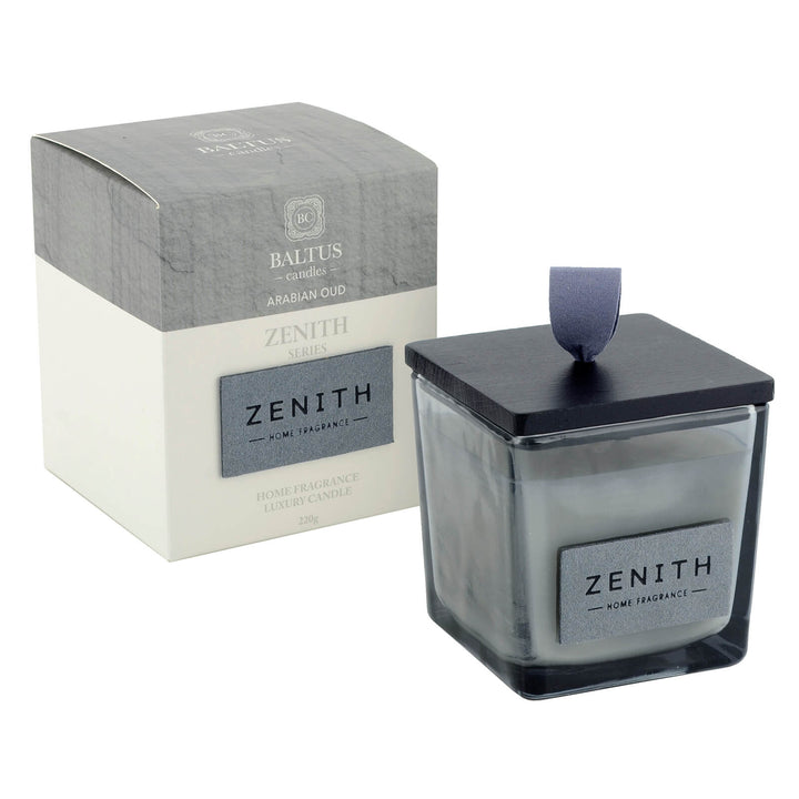 Zenith grey glass candle with black lid and packaging on a white background