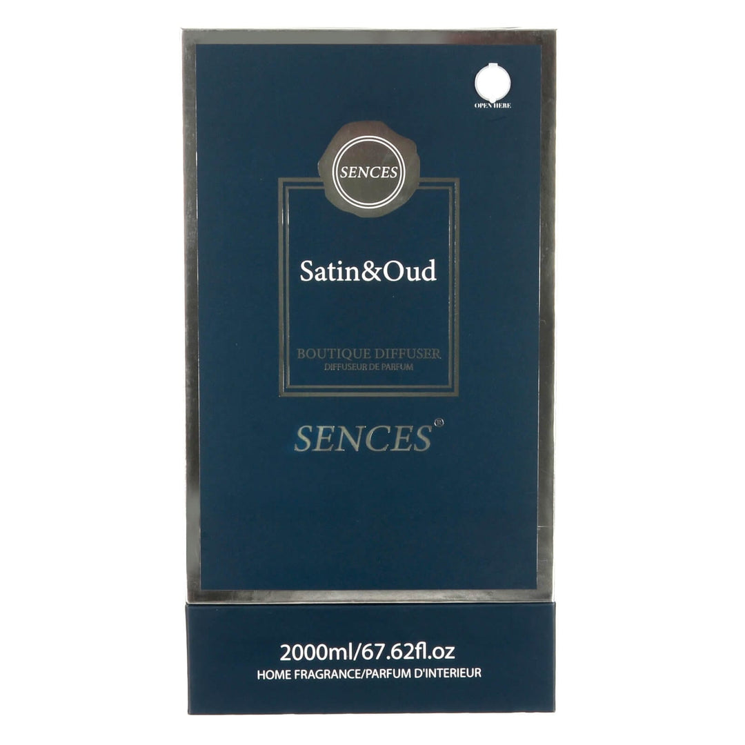 Satin & Oud scented 2000ml reed diffuser in blue and silver gift box packaging