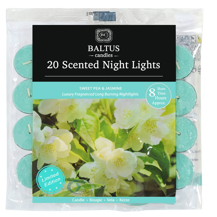 Baltus 20 Pack of Scented Tealight Night Lights Candles 8hr Burn Sweet Pea &amp; Jasmine