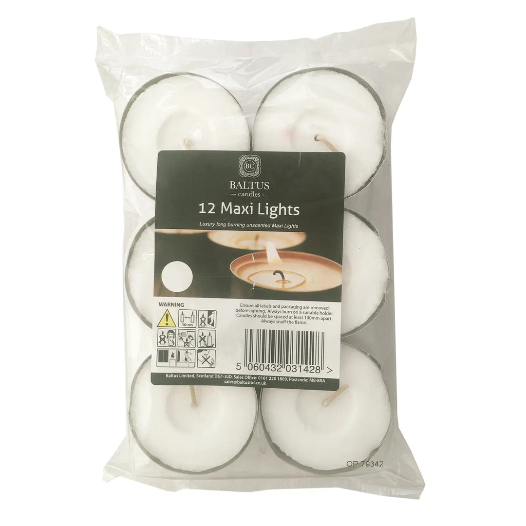 12 Maxi Light white unscented tea light candles in display packaging