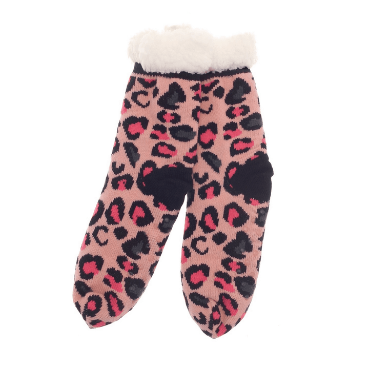 pair of fur lined slippers side view featuring leopard print pink design