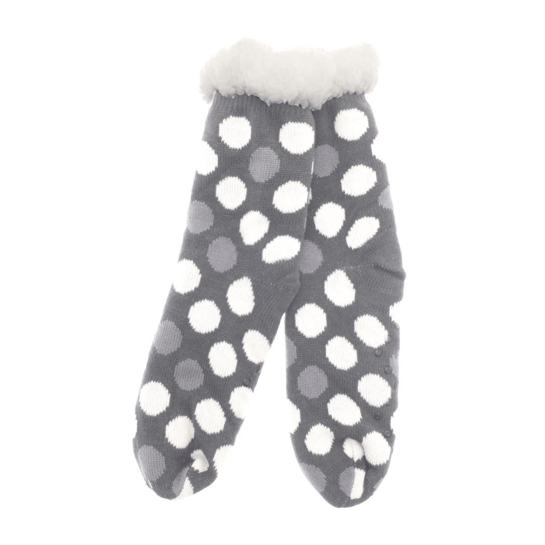 side view of grey polka dot fur lined socks