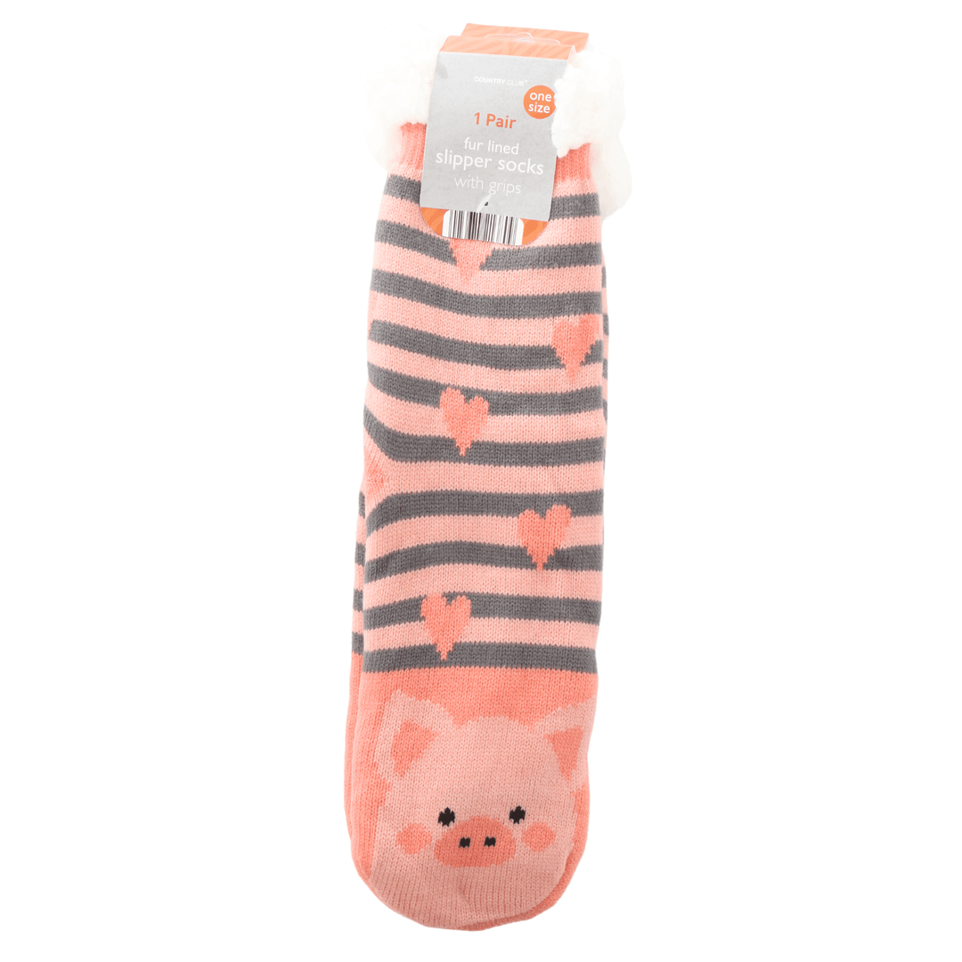 front view of pink slippers featuring pig design