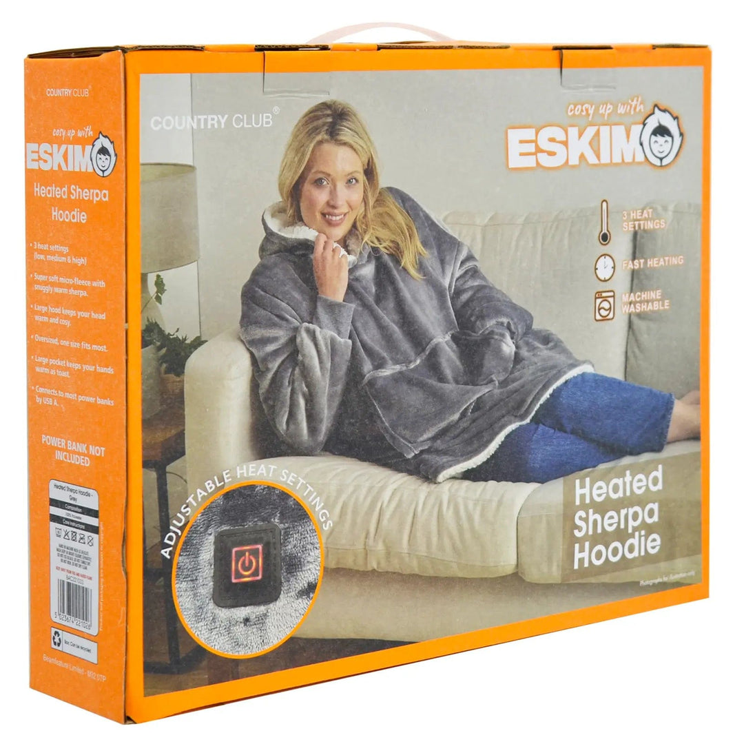 Box packaging for eskimo heated sherpa hoodie with adjustable heat settings