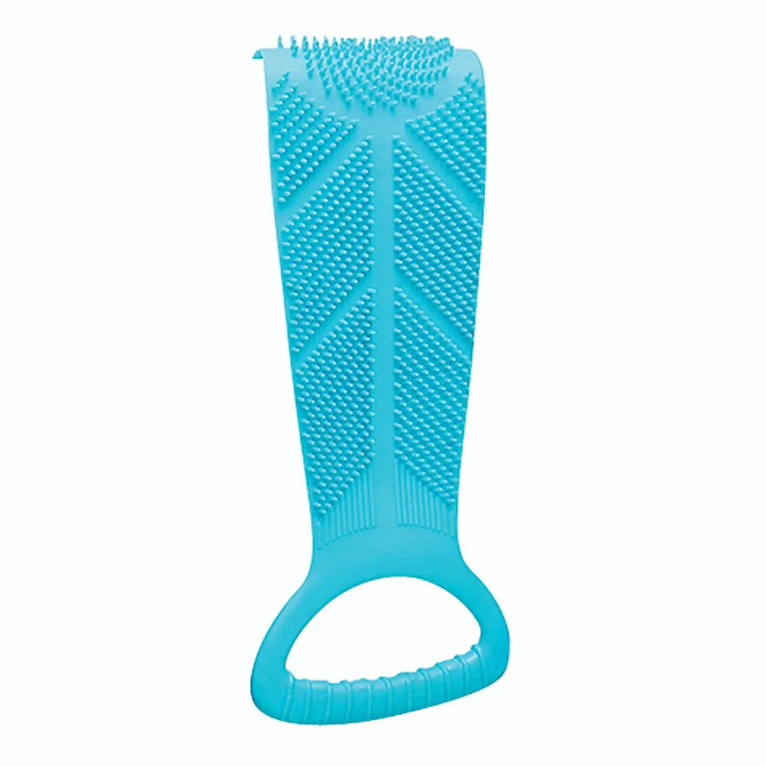 Aqua colour back scrubber with bristles to clean and exfoliate in the bath or shower