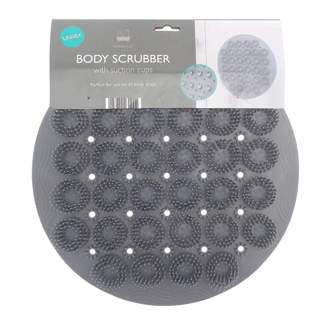 Dark grey body scrubber with suctio cups in packaging