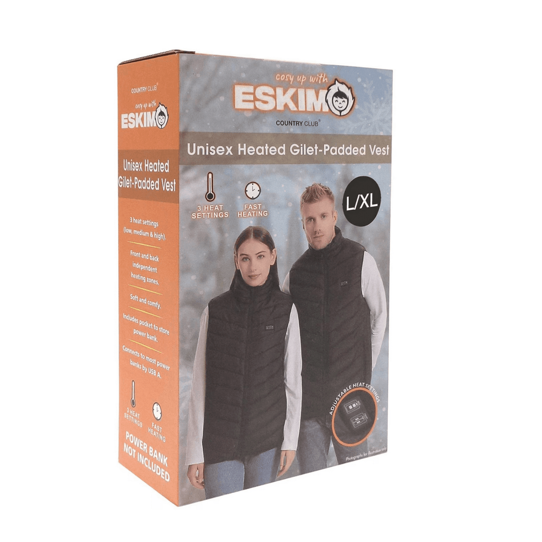 heated gilet box featuring L/XL size with product features including 3 heat settings, fast heating and adjustable heat settings