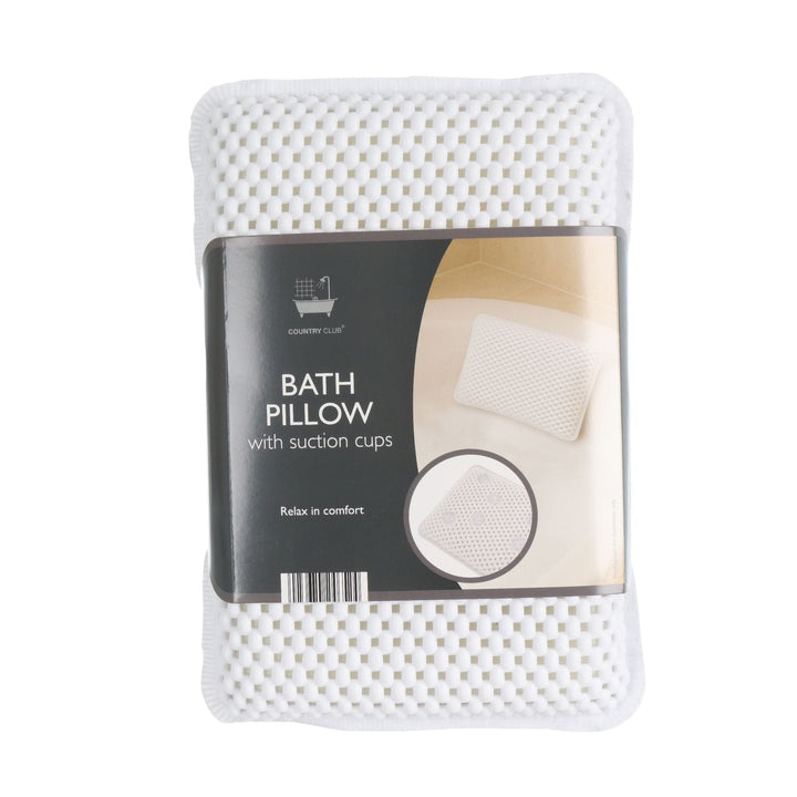 close up of bath pillow with cardboard brand sleeve showing &