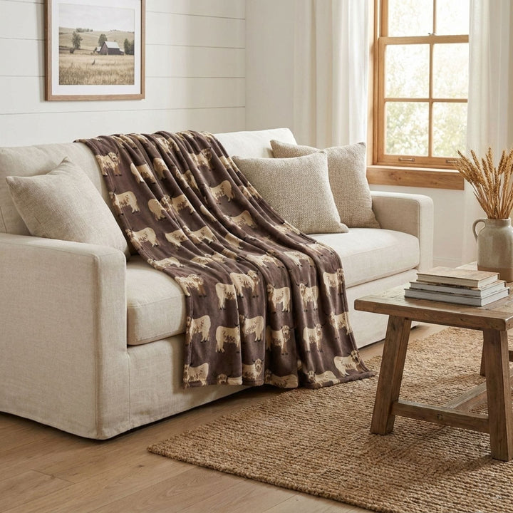 highland cow blanket draped over cream coloured sofa on modern farmhouse sofa in living room with window to the background