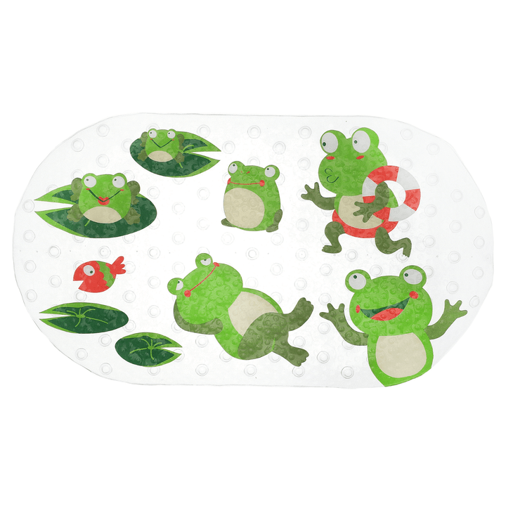 fun frog themed bath mat featuring cute frogs in different playful poses