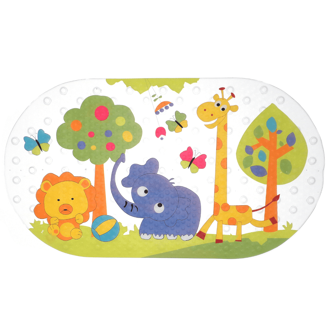 colourful jungle themed bath mat featuring fun elephant, giraffe and lion animals