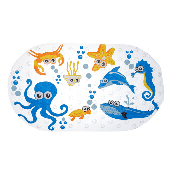 sea themed bath mat featuring blue and orange colour octopus, whale and starfish