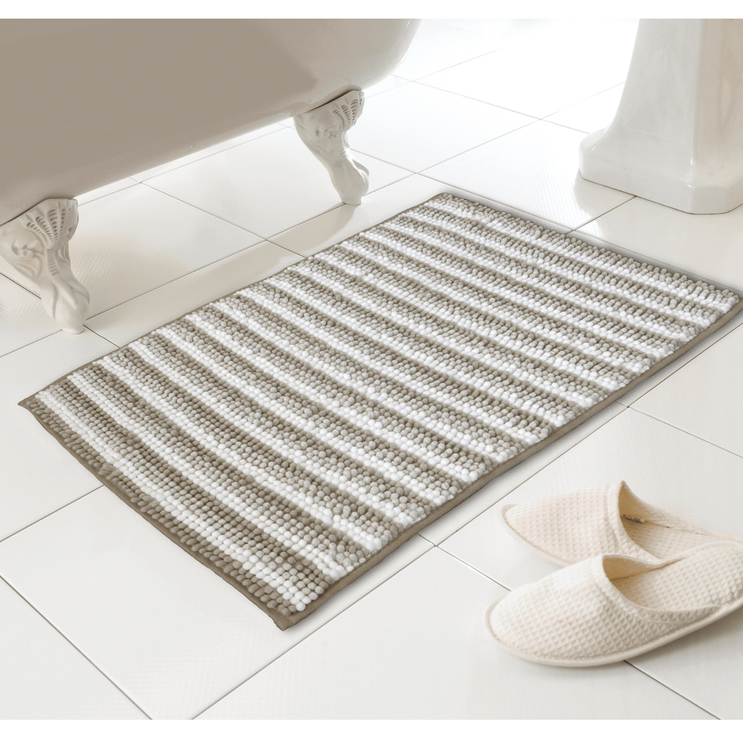 natural colour striped bathroom mat with chenille loop texutre