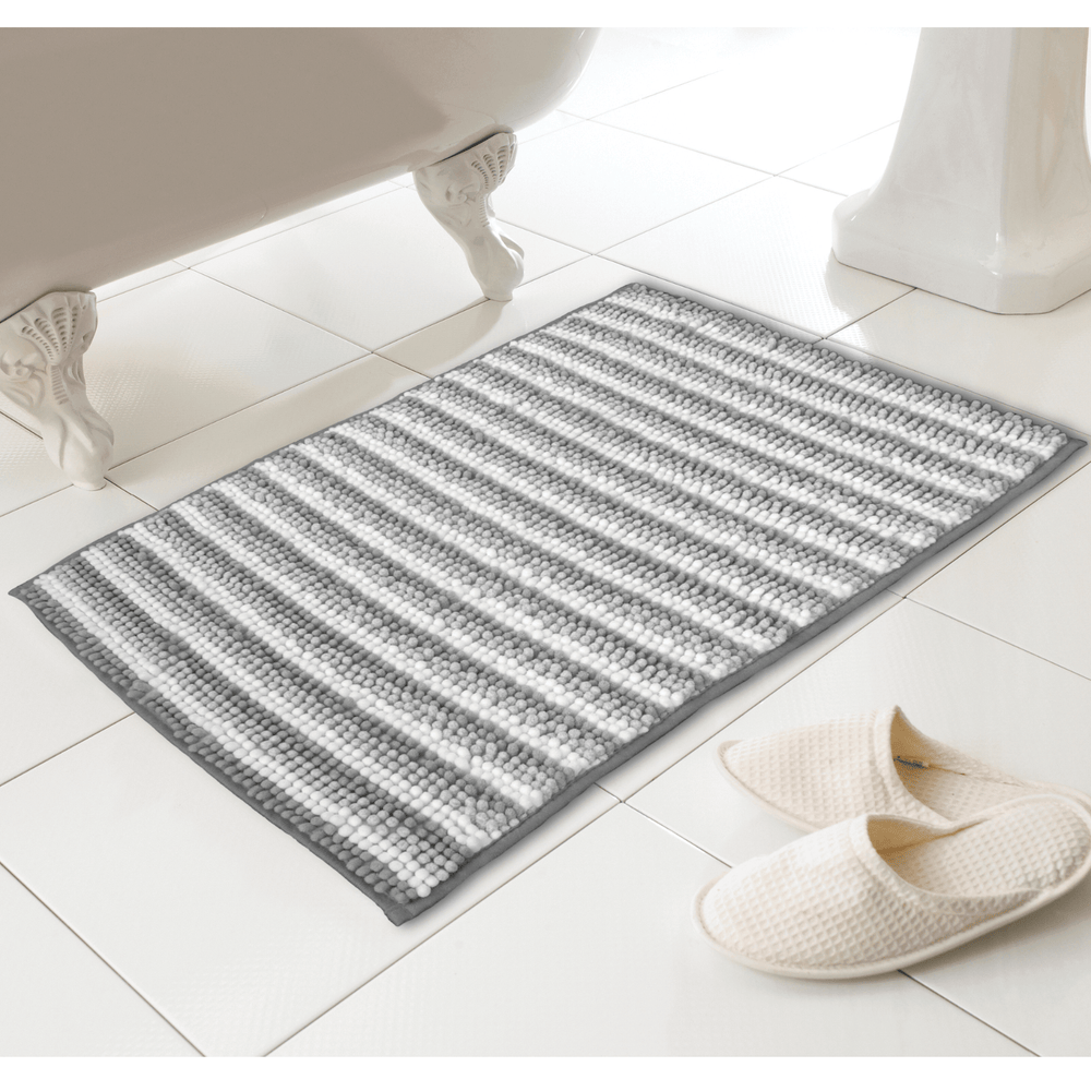 grey colour striped bathroom mat with chenille loop texutre