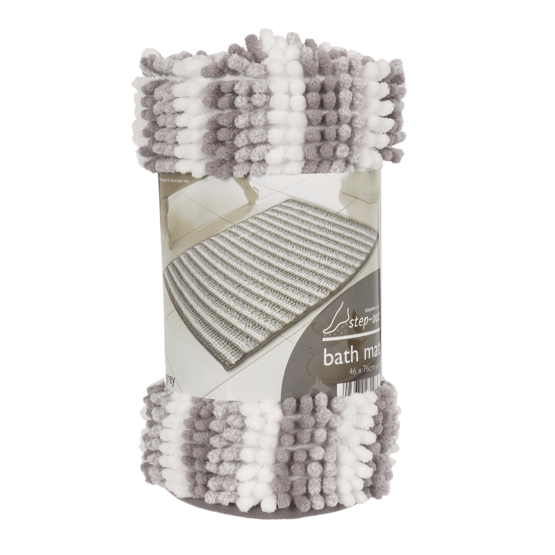 grey and white stripe chenille step out bath mat in cardboard packaging