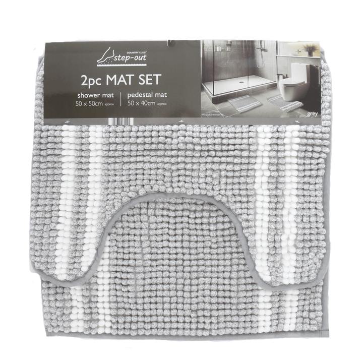 grey 2 piece mat set in cardboard packaging with product sizes featured