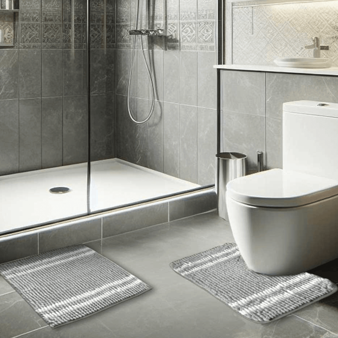 grey pedestal and shower mat in bathroom space with grey concrete tiling