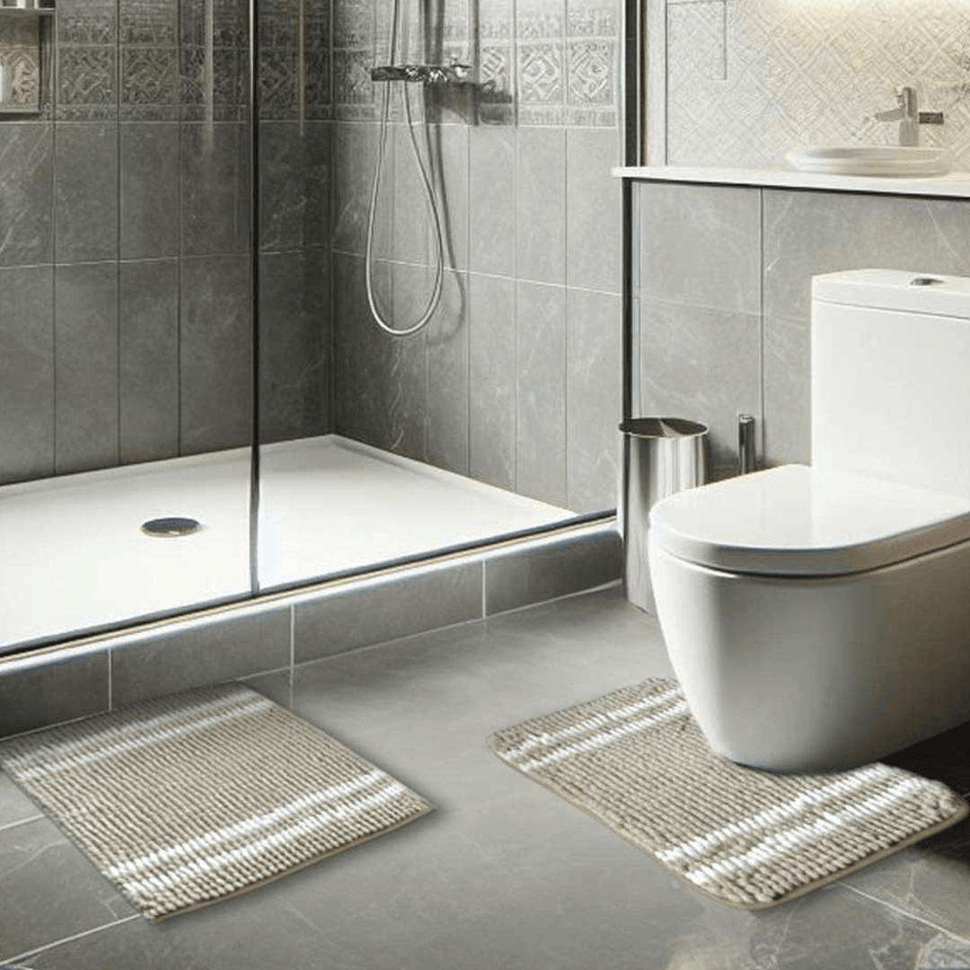 natural pedestal and shower mat in bathroom space with grey concrete tiling