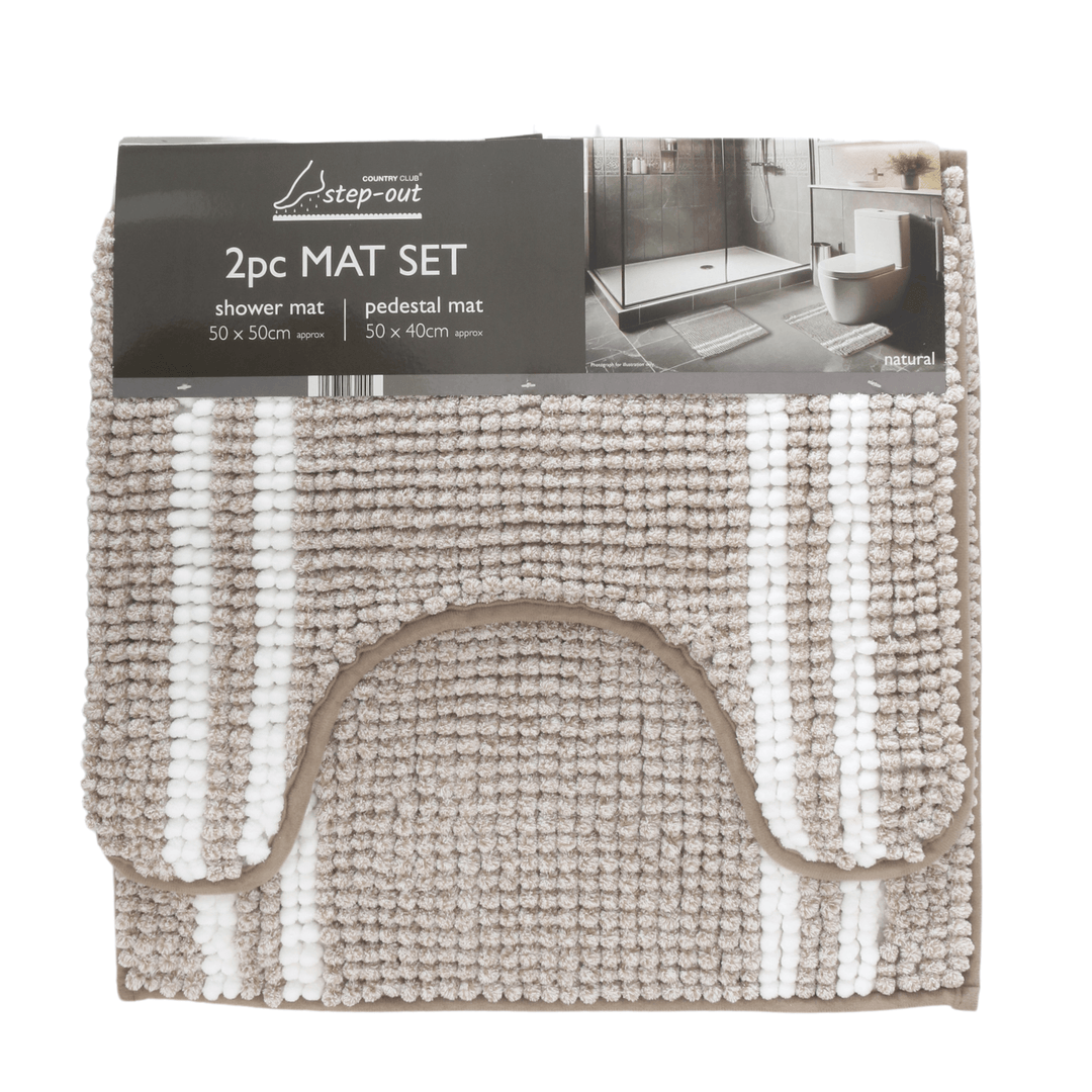 natural 2 piece mat set in cardboard packaging with product sizes featured