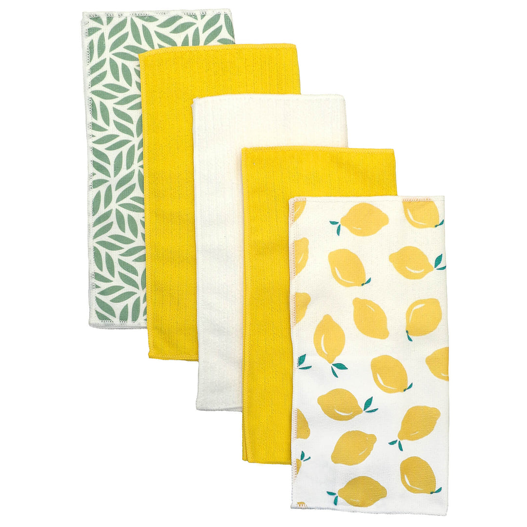 5 cleaning cloths with lemon pattern, leaf design, plain yellow and white