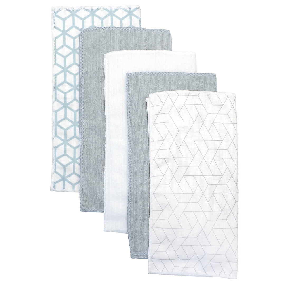 5 cleaning cloths with grey and light blue geometric pattern and plain colours