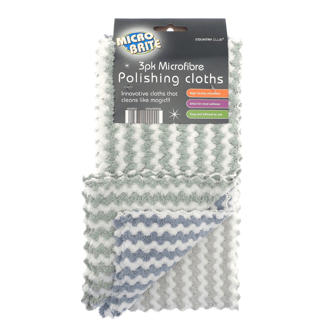 pack of 3 zig zag style microfibre poloshing cloths in micro brite packaging