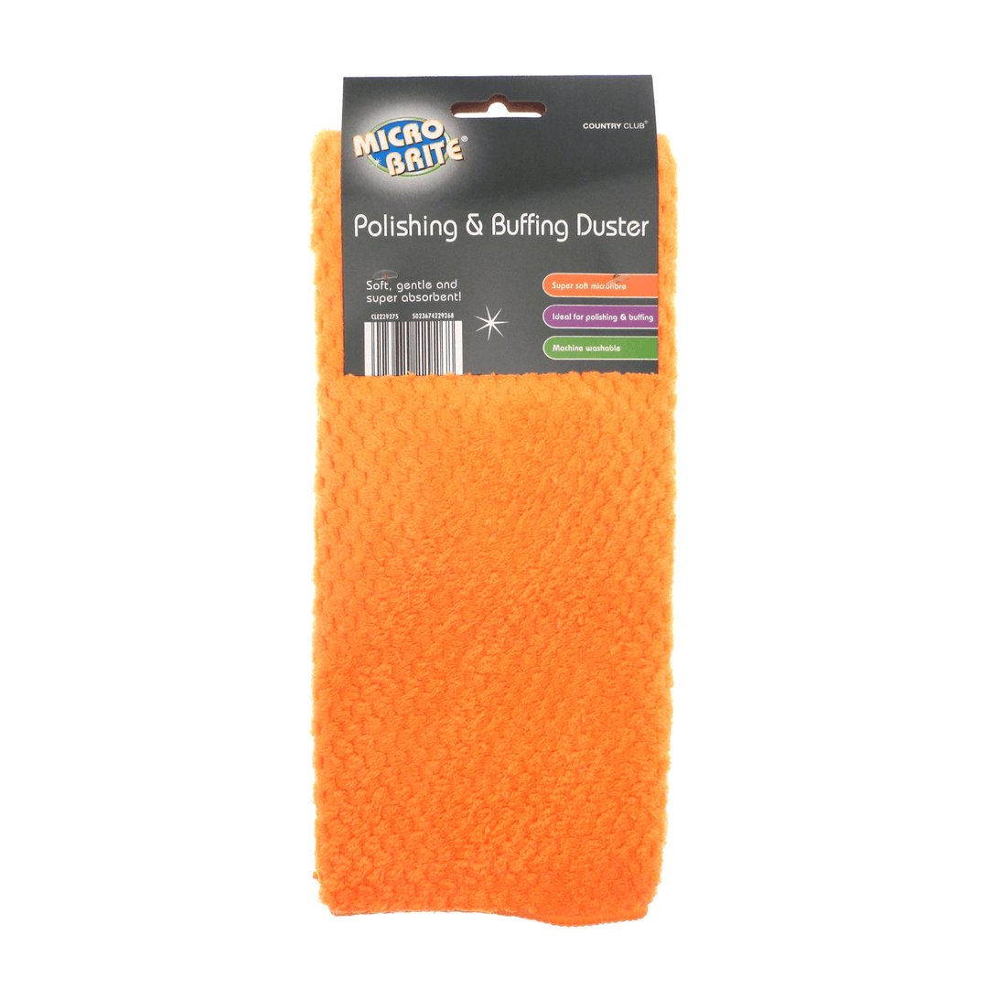 orange coloured polishing & buffing duster in micro brite cardboard packaging