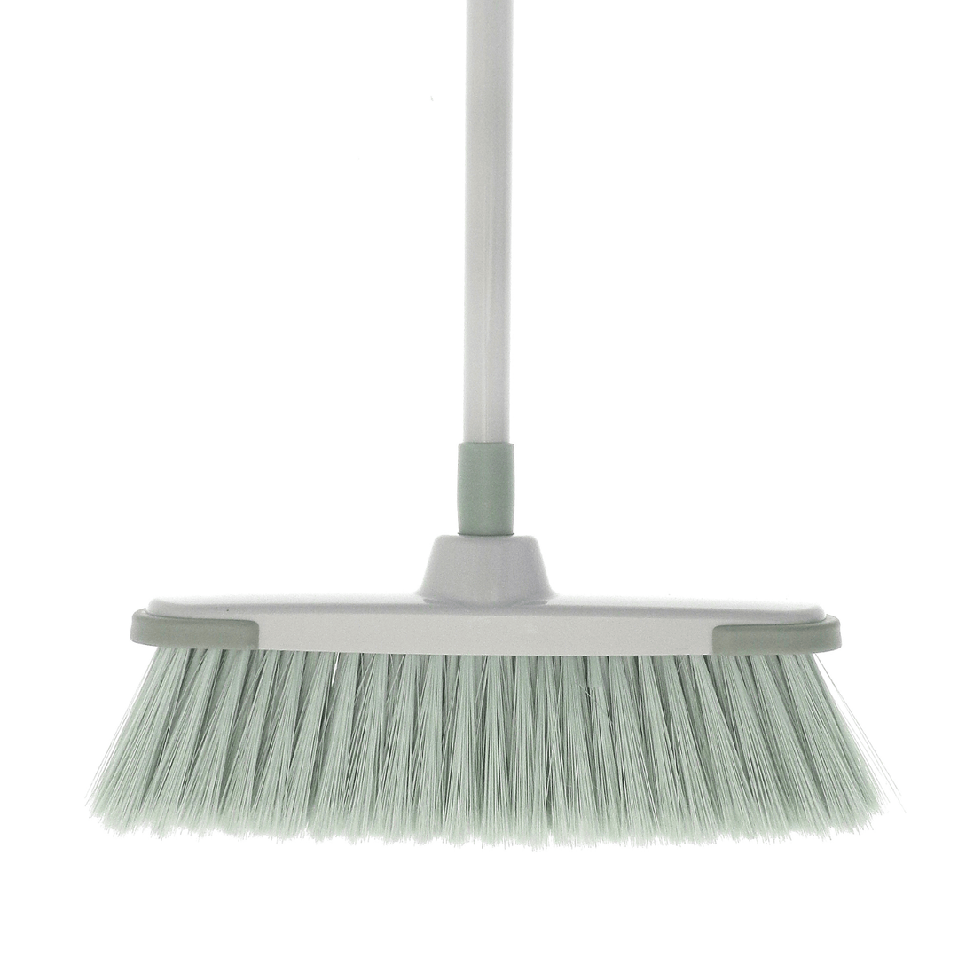 front view of grey and green coloured floor broom with soft bristles