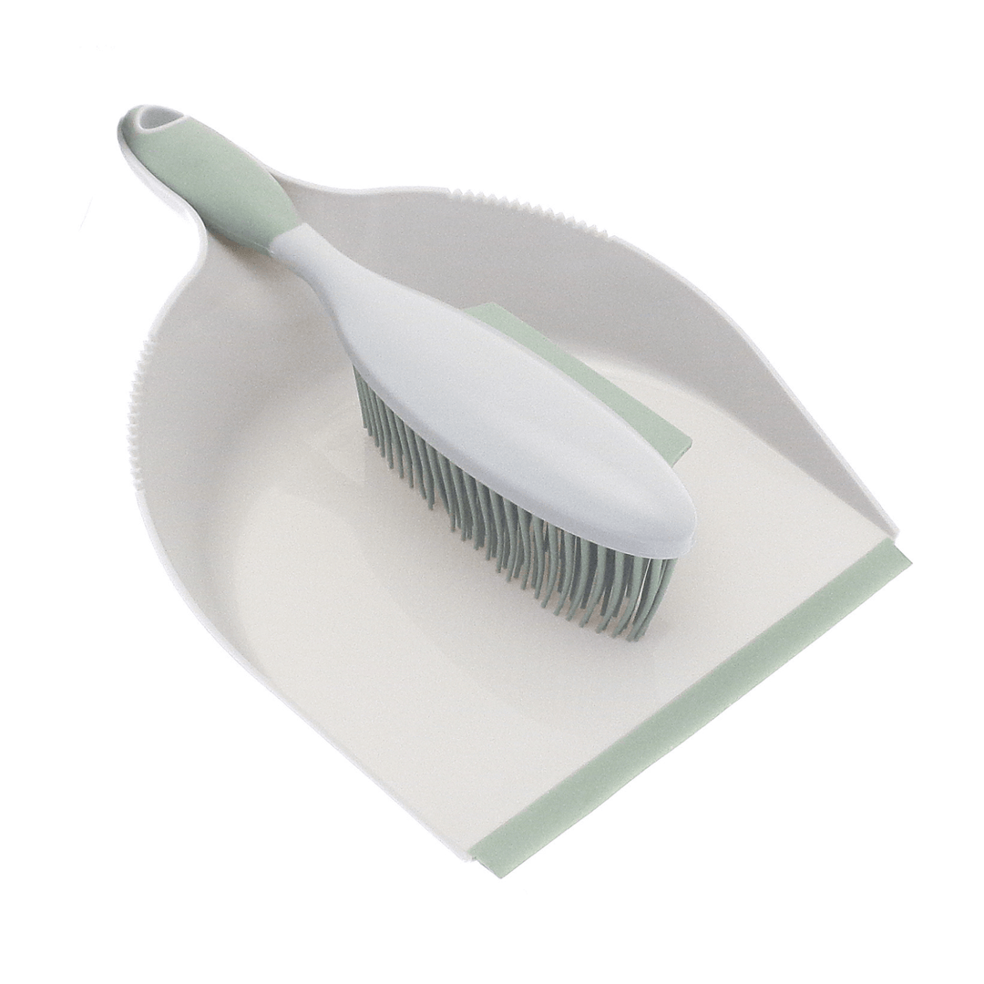 grey and green dustpan and brush set featuring rubber bristles, scraper and dustpan edge