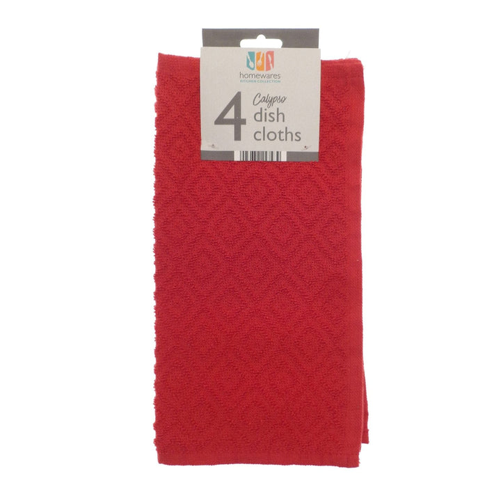 Red dish cloth with a package label on a white background