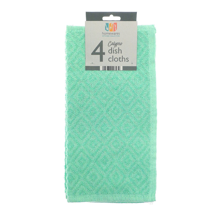 Pack of four green dish cloths with a visible brand label on a white background