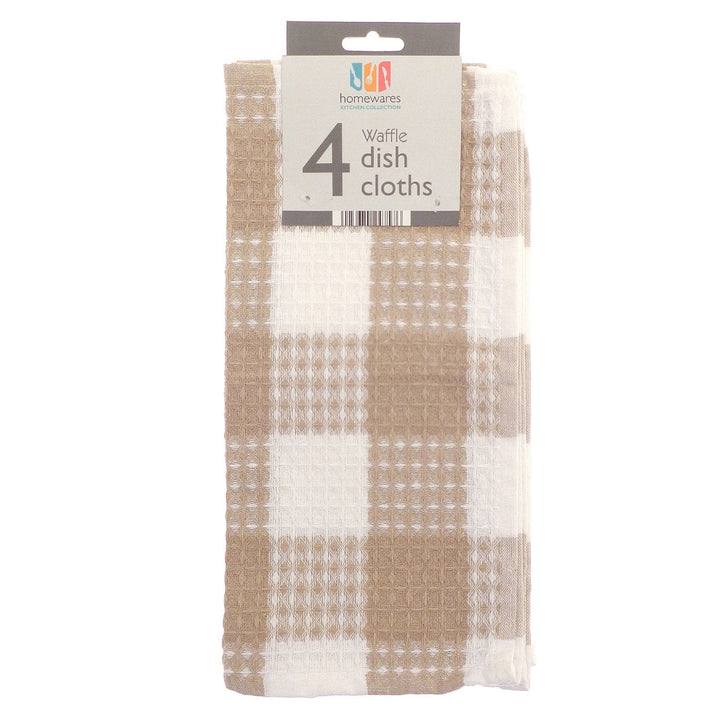 Pack of waffle dish cloths with a plaid beige pattern on a white background