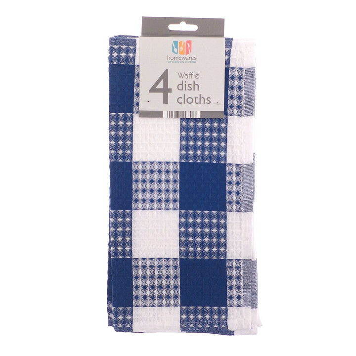 Pack of four waffle dish cloths with blue and white checkered pattern on a white background