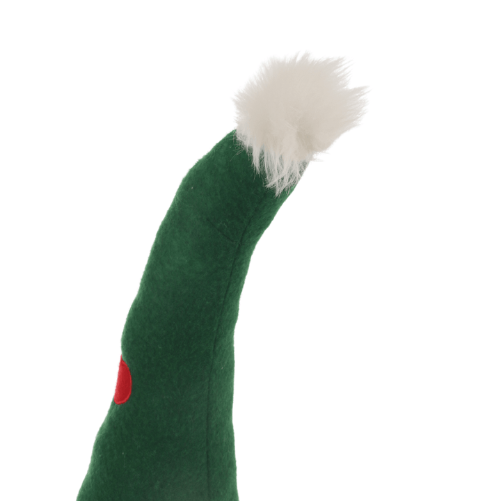 white fleecy pom pom on tip of green plush hat