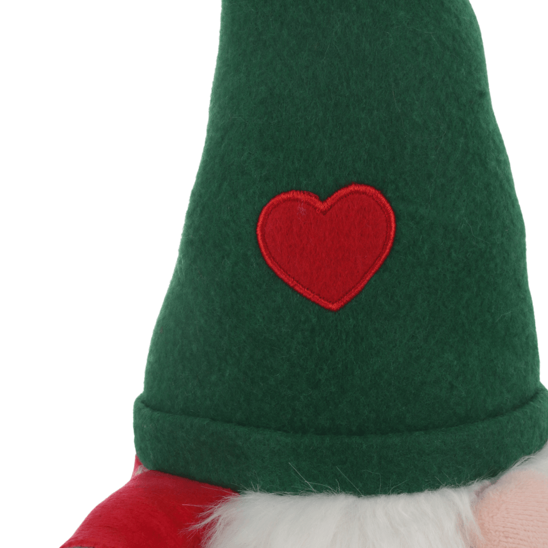 red heart detail on plush green hat with embroidered edge